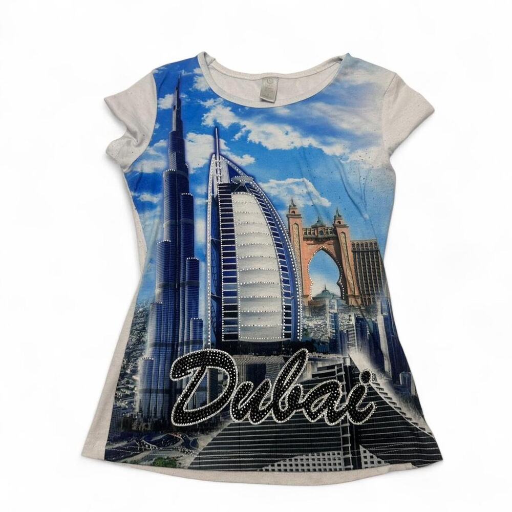 Y2K Vintage Graphic Dubai Mcbling Cityscape Fitted Baby Tee Size Small - Picture 4 of 6